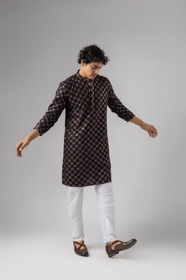 Mens Black Embroidered Rayon Kurta Set (ACB1106)