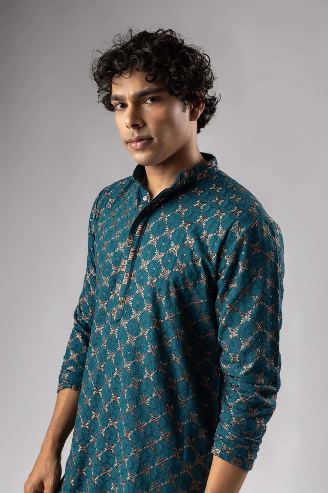 Mens Blue Embroidered Rayon Kurta Set (ACB1107)