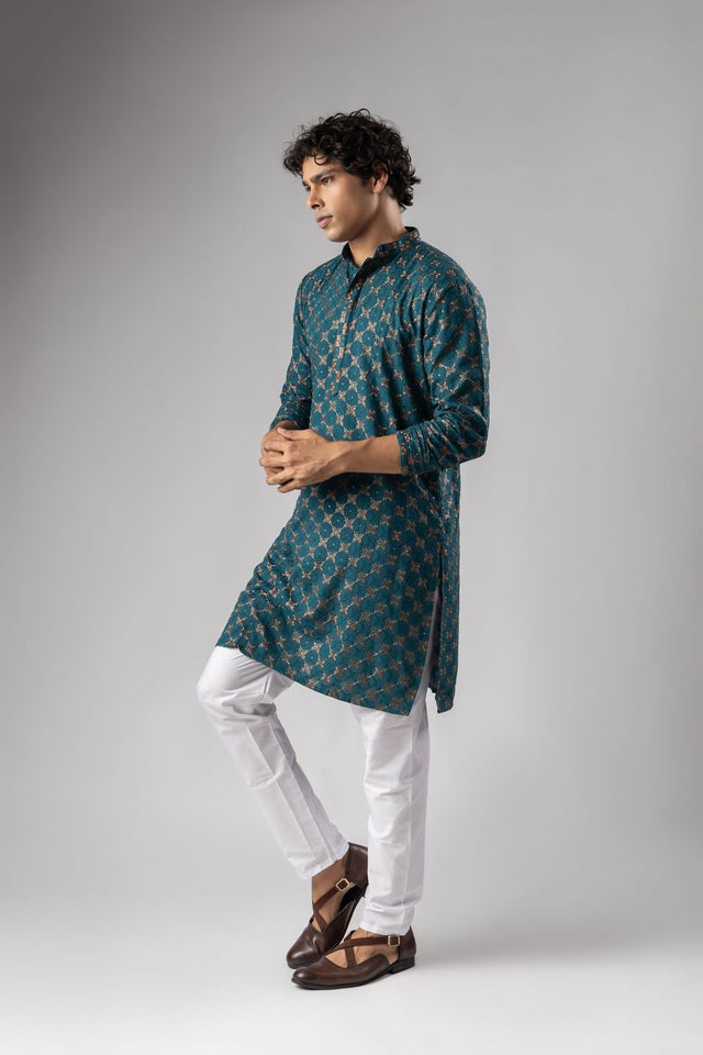 Mens Blue Embroidered Rayon Kurta Set (ACB1107)