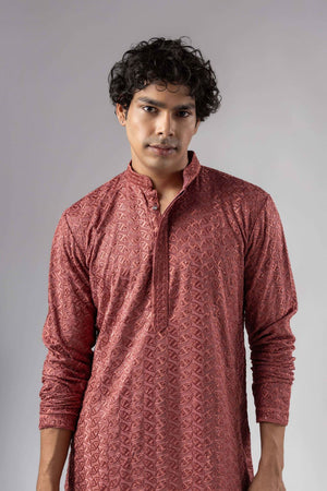 Mens Pink Embroidered Rayon Kurta Set (ACB1108)