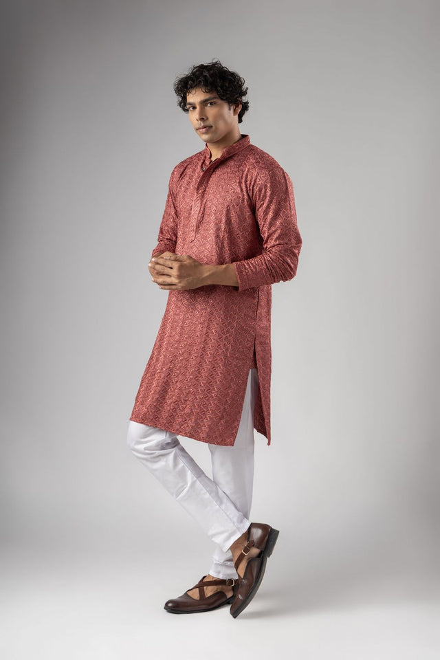 Mens Pink Embroidered Rayon Kurta Set (ACB1108)