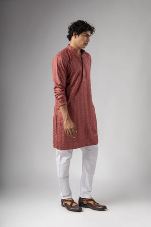 Mens Pink Embroidered Rayon Kurta Set (ACB1108)