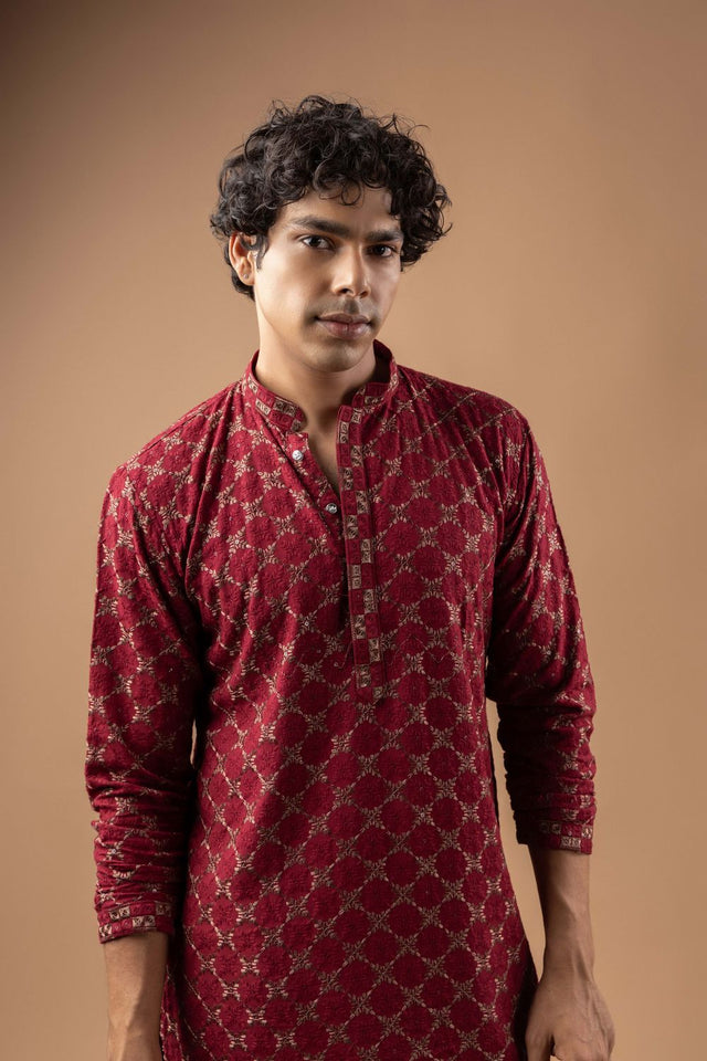 Mens Maroon Embroidered Rayon Kurta Set (ACB1109)