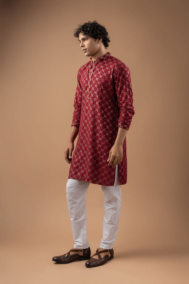 Mens Maroon Embroidered Rayon Kurta Set (ACB1109)