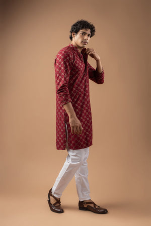 Mens Maroon Embroidered Rayon Kurta Set (ACB1109)
