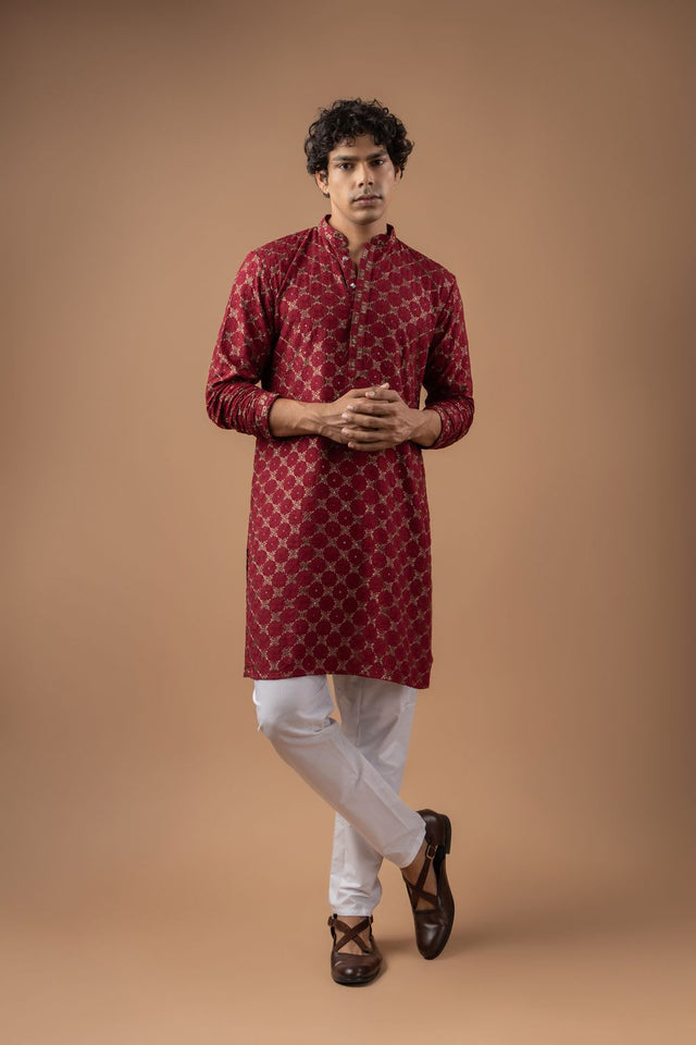 Mens Maroon Embroidered Rayon Kurta Set (ACB1109)