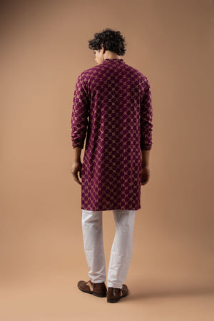 Mens Wine Embroidered Rayon Kurta Set (ACB1110)