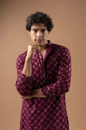 Mens Wine Embroidered Rayon Kurta Set (ACB1110)