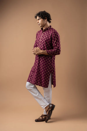 Mens Wine Embroidered Rayon Kurta Set (ACB1110)