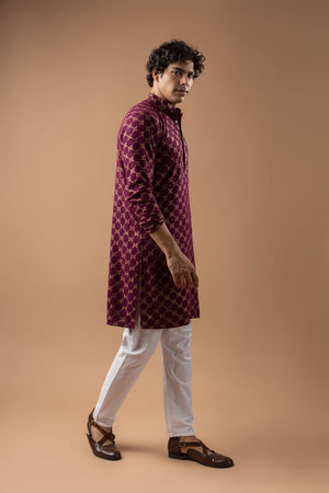 Mens Wine Embroidered Rayon Kurta Set (ACB1110)