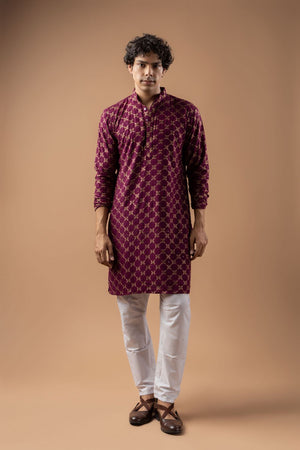 Mens Wine Embroidered Rayon Kurta Set (ACB1110)