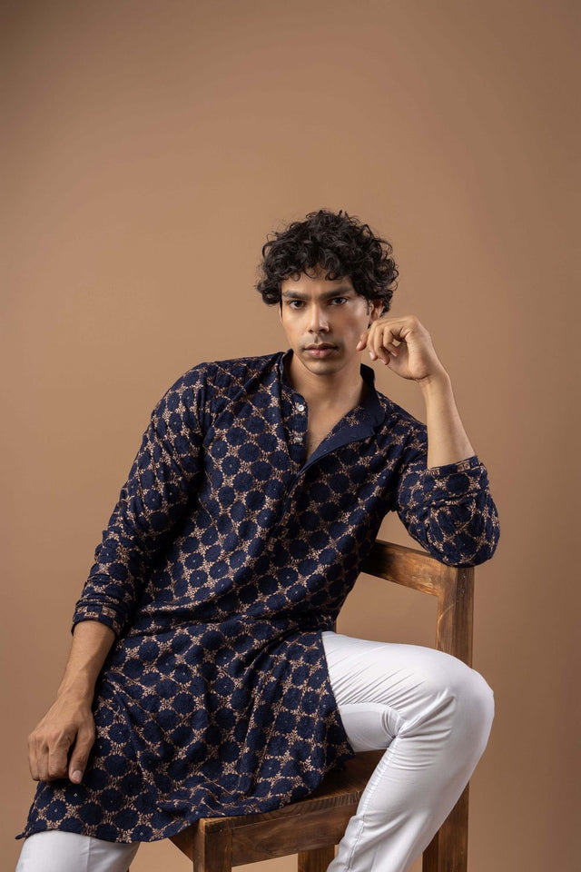 Mens Blue Embroidered Rayon Kurta Set (ACB1111)