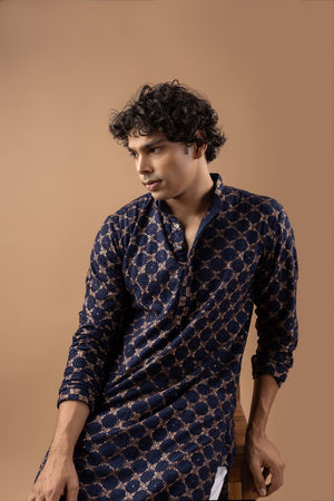 Mens Blue Embroidered Rayon Kurta Set (ACB1111)