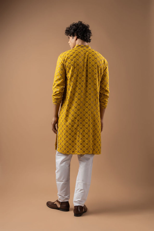 Mens Yellow Embroidered Rayon Kurta Set (ACB1112)
