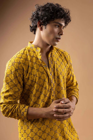 Mens Yellow Embroidered Rayon Kurta Set (ACB1112)