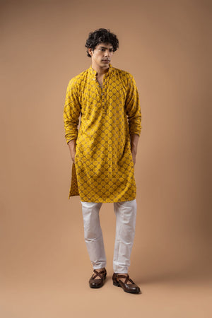 Mens Yellow Embroidered Rayon Kurta Set (ACB1112)
