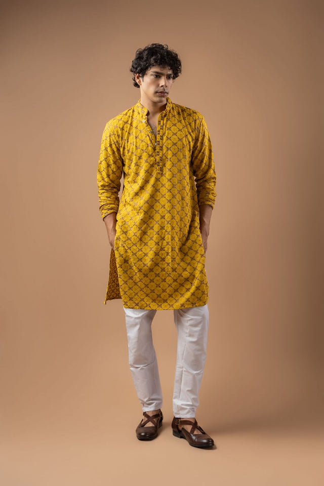 Mens Yellow Embroidered Rayon Kurta Set (ACB1112)