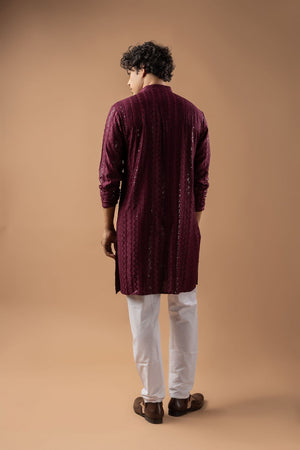 Mens Wine Sequin with Embroidered Rayon Kurta Set (ACB1113)