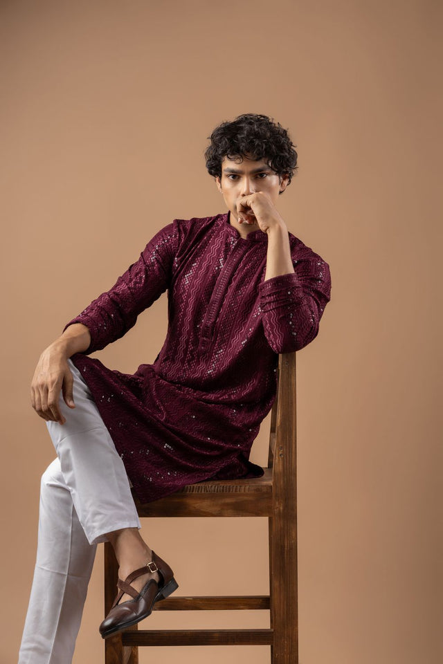 Mens Wine Sequin with Embroidered Rayon Kurta Set (ACB1113)