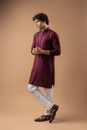 Mens Wine Sequin with Embroidered Rayon Kurta Set (ACB1113)