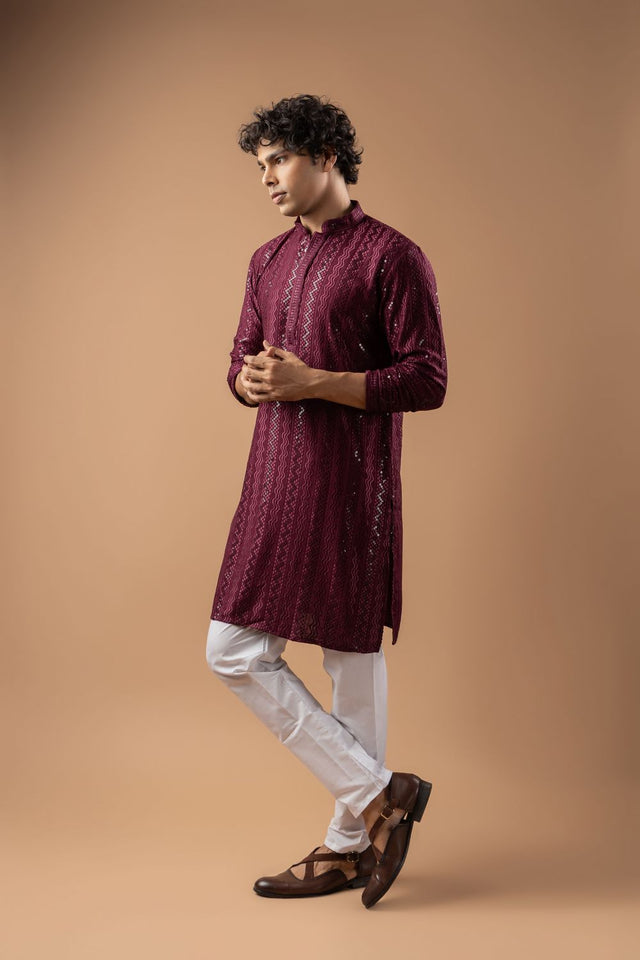 Mens Wine Sequin with Embroidered Rayon Kurta Set (ACB1113)