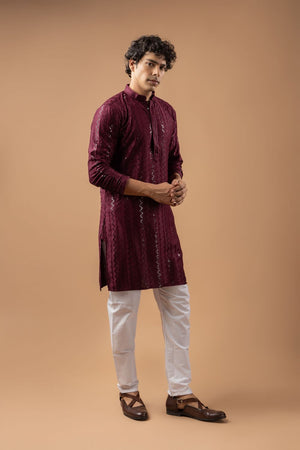 Mens Wine Sequin with Embroidered Rayon Kurta Set (ACB1113)