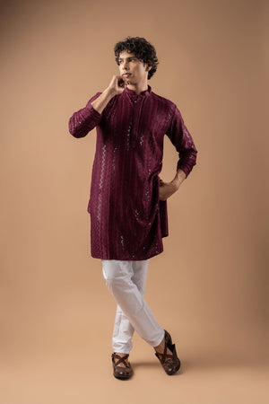 Mens Wine Sequin with Embroidered Rayon Kurta Set (ACB1113)