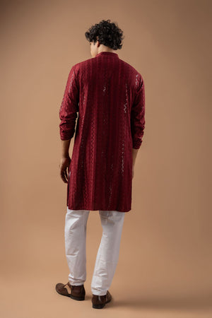 Mens Maroon Sequin with Embroidered Rayon Kurta Set (ACB1114)