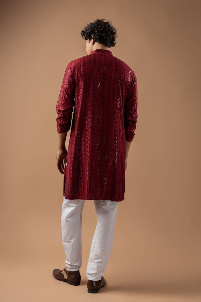 Mens Maroon Sequin with Embroidered Rayon Kurta Set (ACB1114)