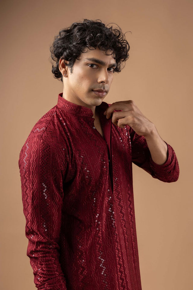 Mens Maroon Sequin with Embroidered Rayon Kurta Set (ACB1114)