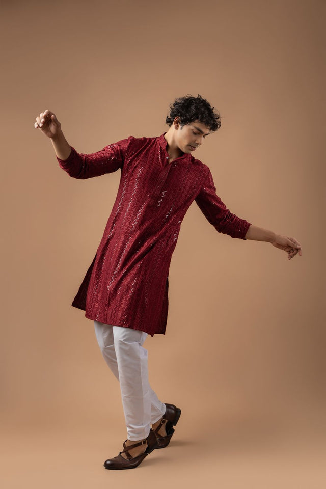 Mens Maroon Sequin with Embroidered Rayon Kurta Set (ACB1114)