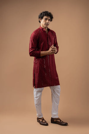 Mens Maroon Sequin with Embroidered Rayon Kurta Set (ACB1114)
