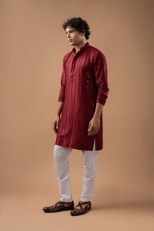 Mens Maroon Sequin with Embroidered Rayon Kurta Set (ACB1114)
