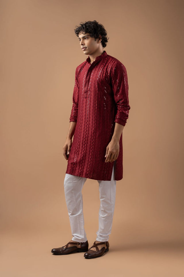 Mens Maroon Sequin with Embroidered Rayon Kurta Set (ACB1114)