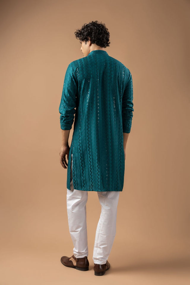 Mens Blue Sequin with Embroidered Rayon Kurta Set (ACB1115)