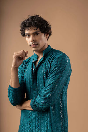 Mens Blue Sequin with Embroidered Rayon Kurta Set (ACB1115)
