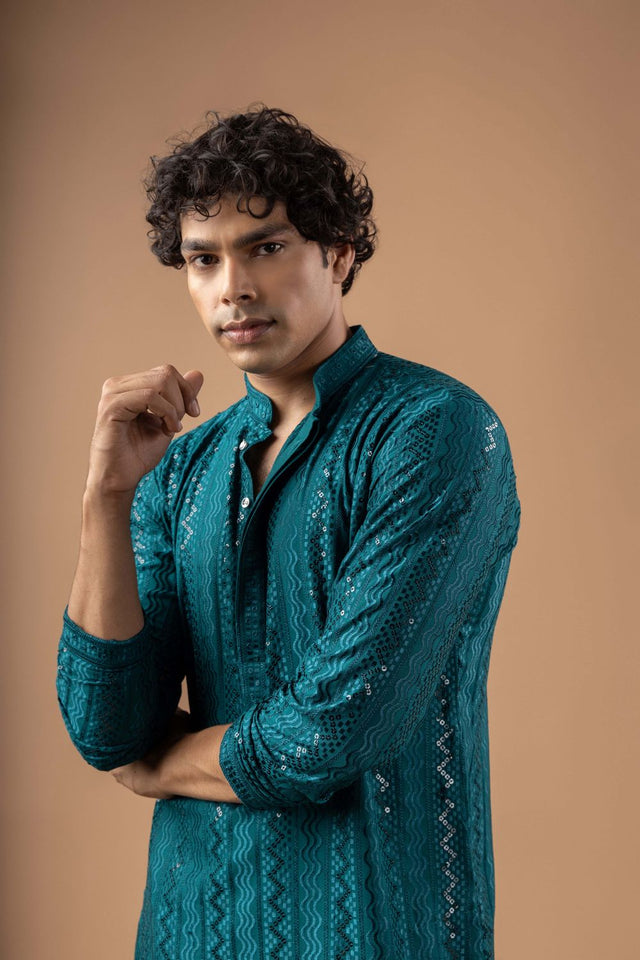 Mens Blue Sequin with Embroidered Rayon Kurta Set (ACB1115)