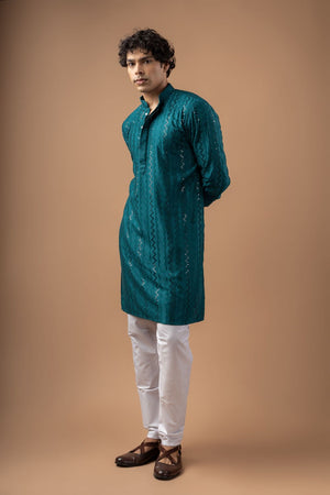 Mens Blue Sequin with Embroidered Rayon Kurta Set (ACB1115)