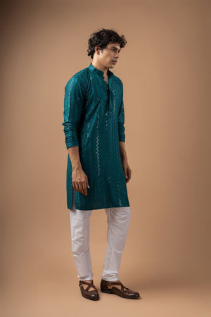 Mens Blue Sequin with Embroidered Rayon Kurta Set (ACB1115)