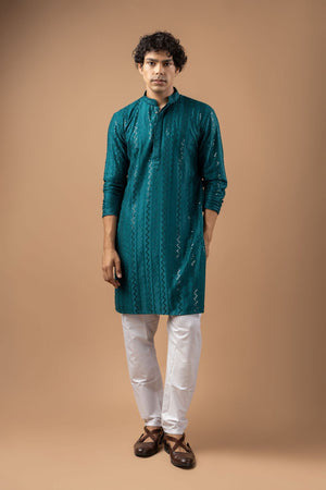 Mens Blue Sequin with Embroidered Rayon Kurta Set (ACB1115)