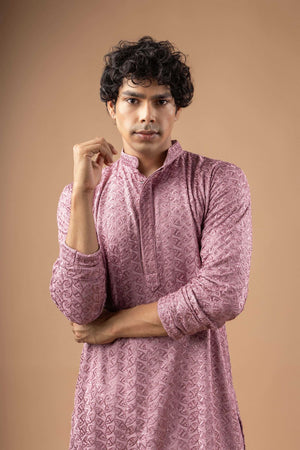 Mens Mauve Sequin with Embroidered Rayon Kurta Set (ACB1116)