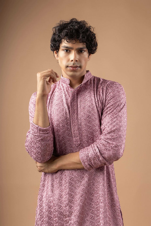 Mens Mauve Sequin with Embroidered Rayon Kurta Set (ACB1116)