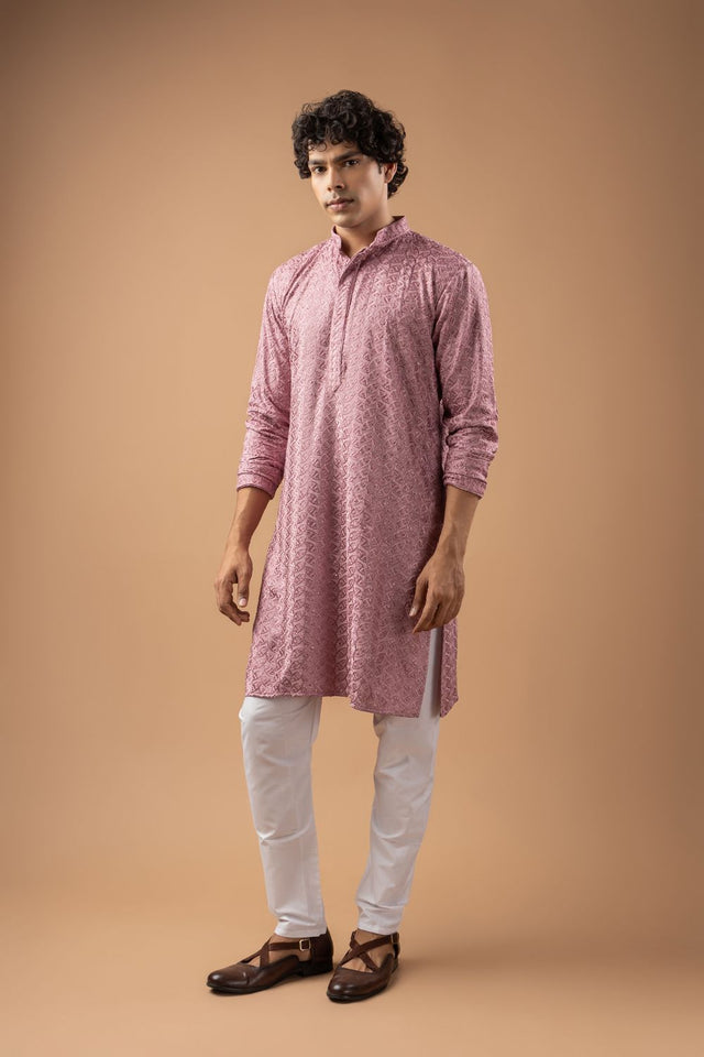Mens Mauve Sequin with Embroidered Rayon Kurta Set (ACB1116)