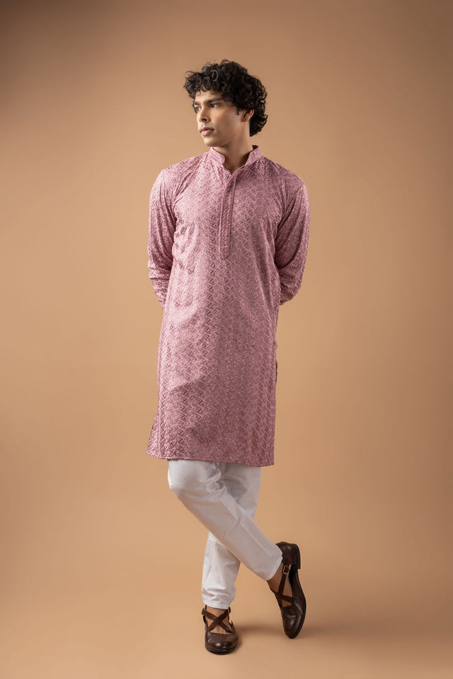 Mens Mauve Sequin with Embroidered Rayon Kurta Set (ACB1116)