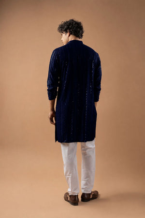 Mens Navy Blue Sequin with Embroidered Rayon Kurta Set (ACB1117)