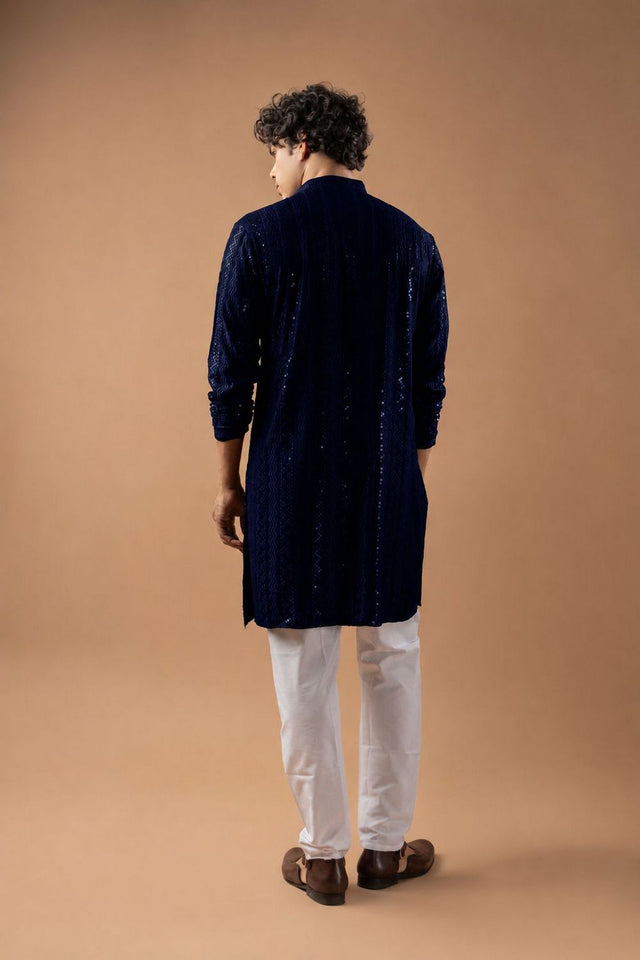 Mens Navy Blue Sequin with Embroidered Rayon Kurta Set (ACB1117)