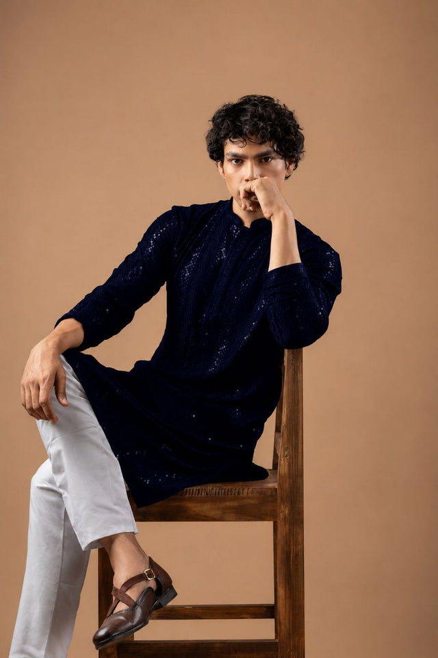 Mens Navy Blue Sequin with Embroidered Rayon Kurta Set (ACB1117)