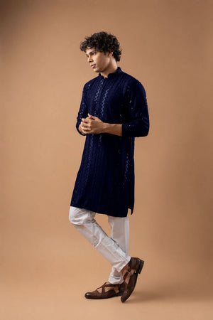 Mens Navy Blue Sequin with Embroidered Rayon Kurta Set (ACB1117)