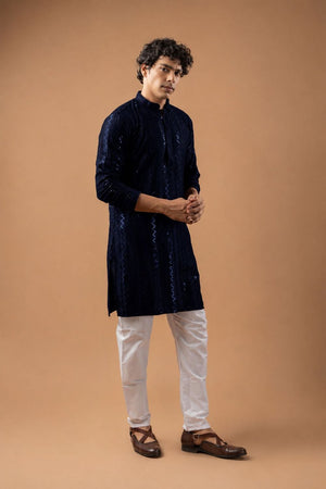 Mens Navy Blue Sequin with Embroidered Rayon Kurta Set (ACB1117)
