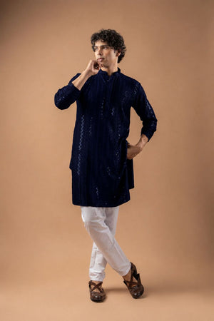 Mens Navy Blue Sequin with Embroidered Rayon Kurta Set (ACB1117)